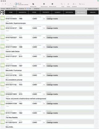 Fondazione Baruchello, Lo spoglio bibliografico

Come per le esposizioni, anche per la bibliografia si richiede una catalogazione analitica, per associare a ciascuna opera i riferimenti puntuali che compaiono non solo nei cataloghi d'arte, ma anche in articoli di giornale, brochures e perfino siti web.