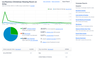 Lia Rumma, Detailed statistics

An online panel allows you to view the performance of the newsletter after each sending, recording the percentage of reading and use of the links, as well as geographical indications and statistics of different types.
