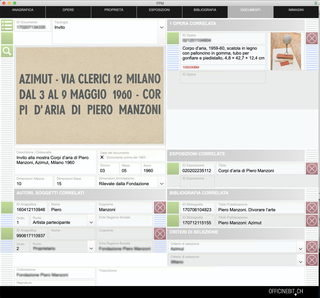 Foundation Piero Manzoni, Documents

Screenshot of the section on archiving documents.
Each document is linked to exhibitions, works and authors.
The digitalized document is available both as an image and as a PDF file.