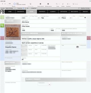 Foundation Baruchello, In detail

You can record analytical information about each work (dimensions divided into individual fields, annotations organized chronologically, data in two languages: Italian and English) and group the works into macro-groups, according to the prevailing artistic medium or category.