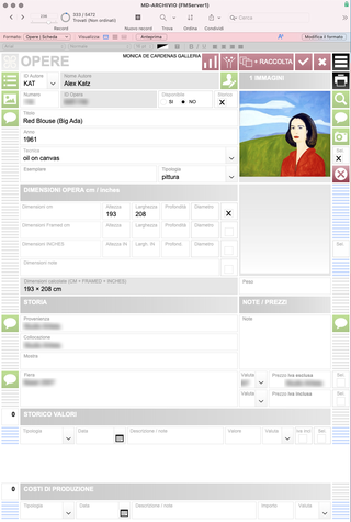 Monica De Cardenas, The section "artworks"

The gallery's custom management system allows for advanced filing of works of art, with the analytical recording of dimensions on separate fields, the list of transfers of ownership and the history of values attributed to the work.