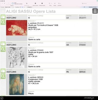 Archivio Aligi Sassu, Opere

Tutte le opere inventariate sono visualizzabili in formato lista e in formato scheda.
Ogni opera è correlata con il proprio corredo documentale, espositivo, bibliografico e di immagini.