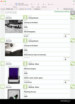 Francesca Minini, The list of works

The "works" section has two different views: the list format and the sheet format.
In the list format all records of the works are available one after the other.
Details of the works with all the information are available in sheet format.