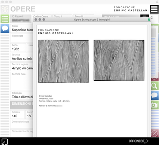Foundation Enrico Castellani, Artworks Dossier

From each section you can produce lists with multiple records or fact sheets with carefully formatted images and data, to generate documents ready to be printed and propagated with a single click.