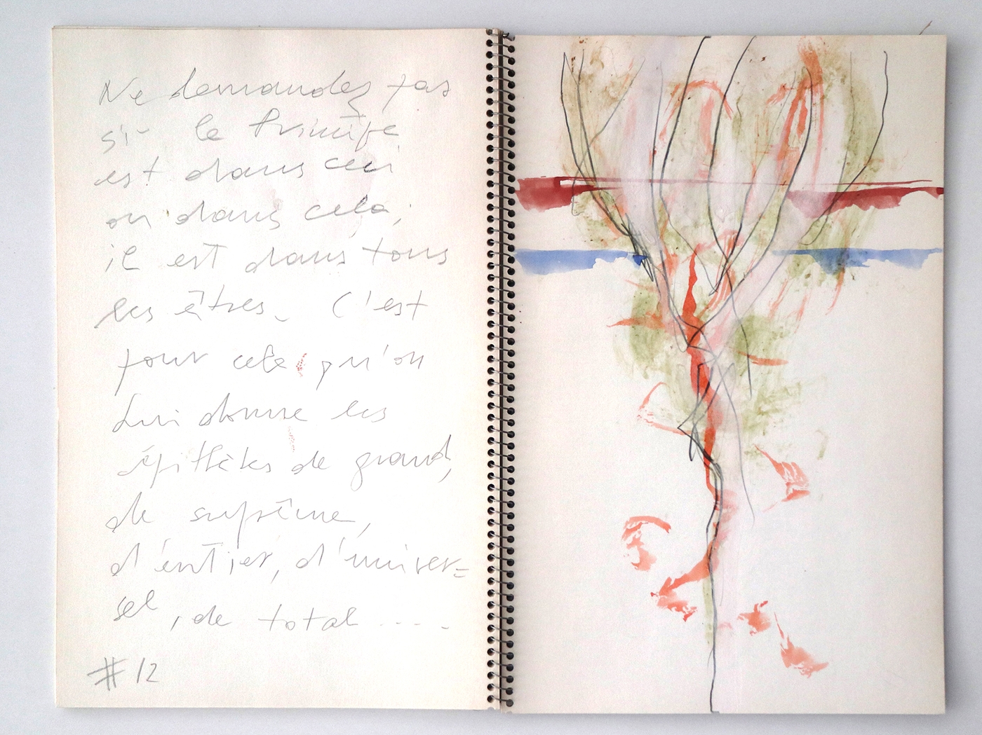 Archive of Luciano Bartolini, Album of unpublished drawings and writings made by the artist during a trip to Mykonos in June 1990

Ne demandez pas si le Principe est dans ceci ou dans cela;
il est dans tous les etres.
C'est pour cela qu'on Lui donnes les épithètes de grand,
de suprème, d'entier, d'universel, de total...