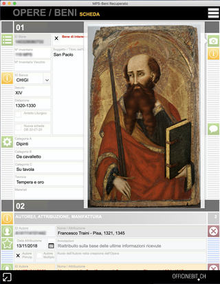 Collezione Monte dei Paschi, La scheda di un'opera

Soluzione software per l'archiviazione delle opere d'arte.
Database del patrimonio artistico.
Screenshot delle finestre dell'opera nel formato Scheda